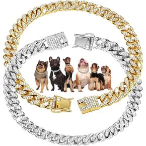 Gold Chain Dog Collar - Stylish and Durable 18K Gold Plated Stainless Steel Dog Chain for Small to Large Dogs, 2 Piece Set - 12inch
