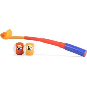 The Dodo Telescoping Ball Launcher Dog Toy with 2 Rubber Balls; Collapsible Fetching Dog Ball Toy, 9in Total Length; Dog Ball Thrower in Blue and Yellow, Portable