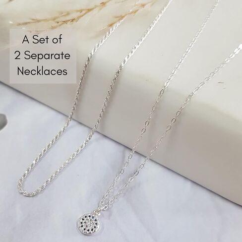 Annika Bella Set of 2, 925 Silver Necklaces, Circle Charm Necklace, Cubic Zirconia, Cz, Rope Choker, Pendant Necklace, Minimal Necklaces Set, (Set Of 2 Necklaces) in Saudi Arabia