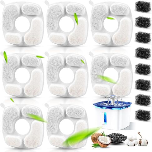 16 Pcs Set, 8 Replacement Filters & 8 Pre-Filter Sponges for Veken 67oz/2L, 95oz/2.8L, 135oz/4L Pet Fountain, Triple Filtration System Filter for Cat Water Fountain & Dog Water Dispenser in Kuwait