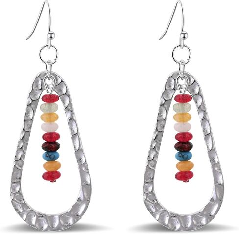 Teardrop Earrings Silver Drop Dangle Earrings for Women Boho Earrings with Gemstone Beads Colorful Earrings Vintage Jewelry for Gifts in Saudi Arabia