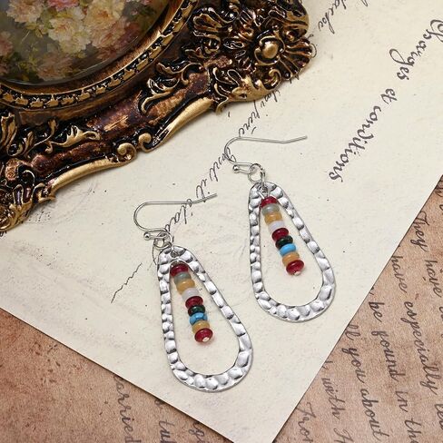 Teardrop Earrings Silver Drop Dangle Earrings for Women Boho Earrings with Gemstone Beads Colorful Earrings Vintage Jewelry for Gifts in Saudi Arabia