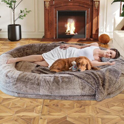 Human Dog Bed,72"x48"x11" Extra Large Human Dog Bed for People Adults and Pets, Large Bean Bag Bed for Humans and Dogs, Ultimate Comfort Washable Fur and Blanket Adult Dog Bed(Brown) in Saudi Arabia