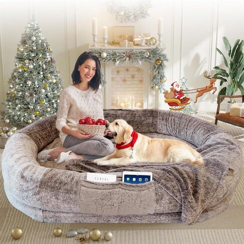 Human Dog Bed,72"x48"x11" Extra Large Human Dog Bed for People Adults and Pets, Large Bean Bag Bed for Humans and Dogs, Ultimate Comfort Washable Fur and Blanket Adult Dog Bed(Brown) in Saudi Arabia