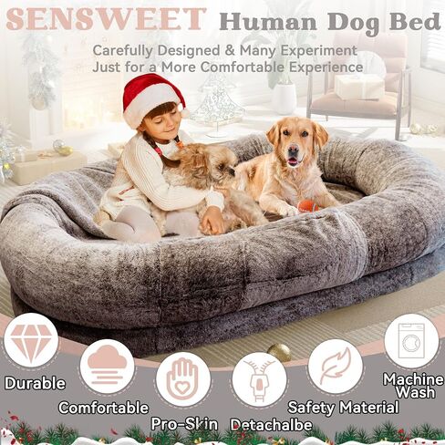 Human Dog Bed,72"x48"x11" Extra Large Human Dog Bed for People Adults and Pets, Large Bean Bag Bed for Humans and Dogs, Ultimate Comfort Washable Fur and Blanket Adult Dog Bed(Brown) in Saudi Arabia