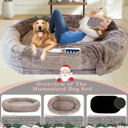 Human Dog Bed,72"x48"x11" Extra Large Human Dog Bed for People Adults and Pets, Large Bean Bag Bed for Humans and Dogs, Ultimate Comfort Washable Fur and Blanket Adult Dog Bed(Brown) in Saudi Arabia