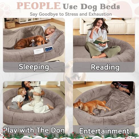 Human Dog Bed,72"x48"x11" Extra Large Human Dog Bed for People Adults and Pets, Large Bean Bag Bed for Humans and Dogs, Ultimate Comfort Washable Fur and Blanket Adult Dog Bed(Brown) in Saudi Arabia