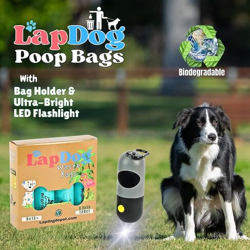 Lapdog Dog Poop Bags 8 rolls, 120 count, Biodegradeable Bags, Dog Poop Bag Dispenser Holder with Built in LED Flashlight and Metal Clip for Leash Walking, Durable Bags for Pet Waste (Teal) in Saudi Arabia
