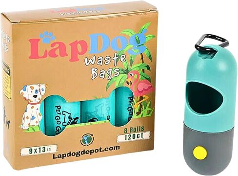 Lapdog Dog Poop Bags 8 rolls, 120 count, Biodegradeable Bags, Dog Poop Bag Dispenser Holder with Built in LED Flashlight and Metal Clip for Leash Walking, Durable Bags for Pet Waste (Teal) in Saudi Arabia