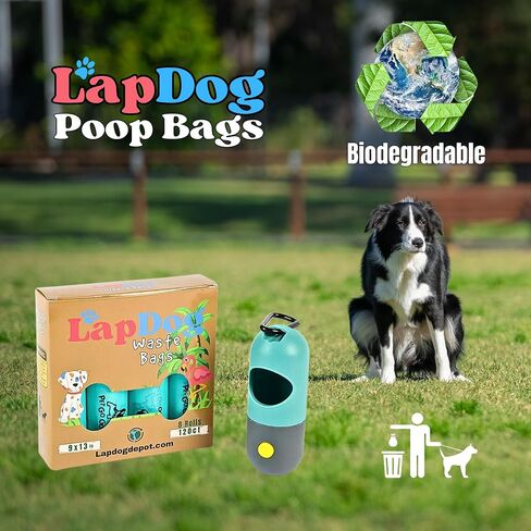 Lapdog Dog Poop Bags 8 rolls, 120 count, Biodegradeable Bags, Dog Poop Bag Dispenser Holder with Built in LED Flashlight and Metal Clip for Leash Walking, Durable Bags for Pet Waste (Teal) in Saudi Arabia