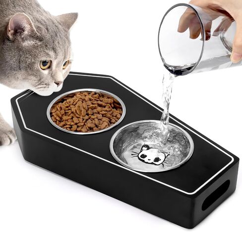 Halloween Cat Bowl Gothic Coffin Novelty Wooden Skeleton Design Non-Slip Stainless Steel Small Basic Cat Accessories Food Water Bowls Spooky Kitty Feeder for Indoor Small Pets Gift Idea for Cat Lovers in Kuwait
