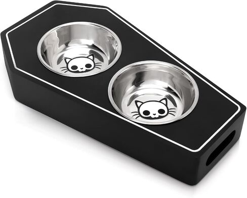 Halloween Cat Bowl Gothic Coffin Novelty Wooden Skeleton Design Non-Slip Stainless Steel Small Basic Cat Accessories Food Water Bowls Spooky Kitty Feeder for Indoor Small Pets Gift Idea for Cat Lovers in Kuwait