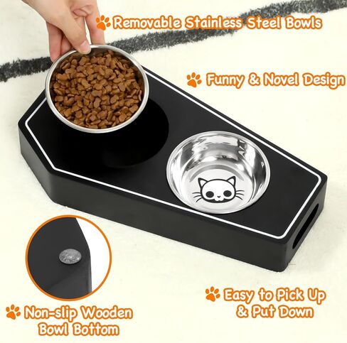 Halloween Cat Bowl Gothic Coffin Novelty Wooden Skeleton Design Non-Slip Stainless Steel Small Basic Cat Accessories Food Water Bowls Spooky Kitty Feeder for Indoor Small Pets Gift Idea for Cat Lovers in Kuwait