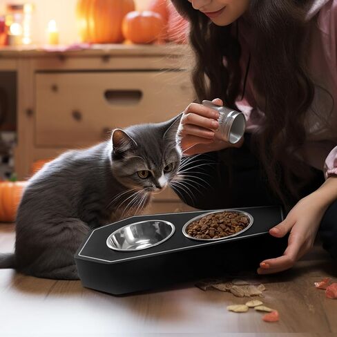 Halloween Cat Bowl Gothic Coffin Novelty Wooden Skeleton Design Non-Slip Stainless Steel Small Basic Cat Accessories Food Water Bowls Spooky Kitty Feeder for Indoor Small Pets Gift Idea for Cat Lovers in Kuwait