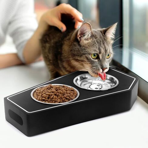 Halloween Cat Bowl Gothic Coffin Novelty Wooden Skeleton Design Non-Slip Stainless Steel Small Basic Cat Accessories Food Water Bowls Spooky Kitty Feeder for Indoor Small Pets Gift Idea for Cat Lovers in Kuwait