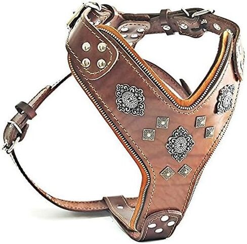 Bestia Aztec Big Dog Leather Harness. 2 Tone Rivet Decorations. Zipper Decoration. Foam and Leather Padding Handmade in Europe. in Saudi Arabia