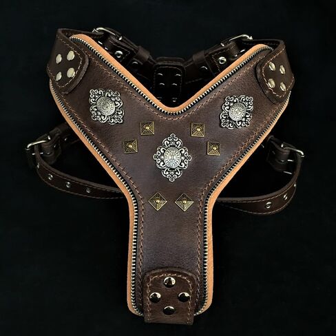 Bestia Aztec Big Dog Leather Harness. 2 Tone Rivet Decorations. Zipper Decoration. Foam and Leather Padding Handmade in Europe. in Saudi Arabia