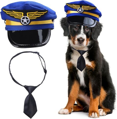 Pet Pilot Captain Hat with Necktie Dog Cat Pilot Fancy Dress Costume Accessories Set for Cosplay Photo Props Halloween Party, 2 Pieces in Kuwait