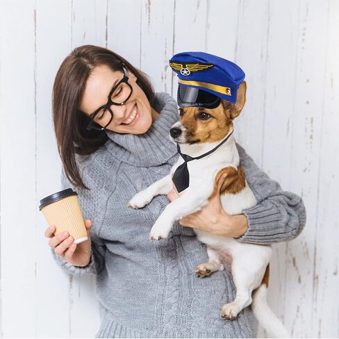 Pet Pilot Captain Hat with Necktie Dog Cat Pilot Fancy Dress Costume Accessories Set for Cosplay Photo Props Halloween Party, 2 Pieces in Kuwait