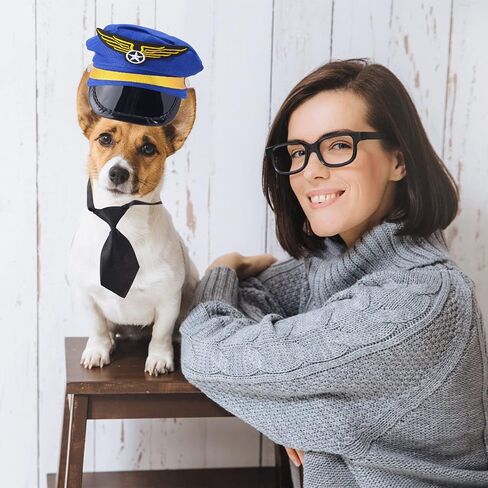 Pet Pilot Captain Hat with Necktie Dog Cat Pilot Fancy Dress Costume Accessories Set for Cosplay Photo Props Halloween Party, 2 Pieces in Kuwait