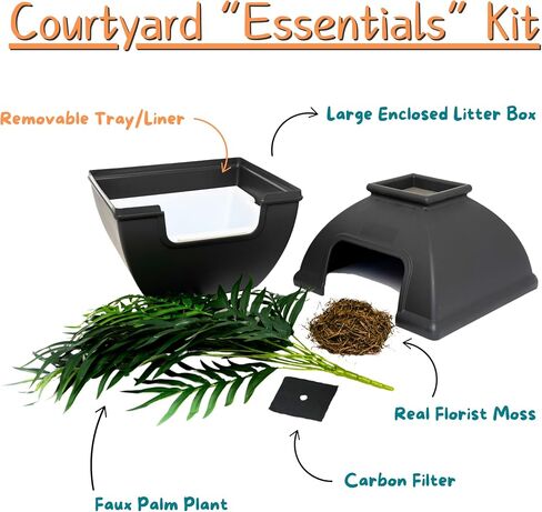 Good Pet Stuff, Courtyard Hidden Litter Box & Reusable Liner Essentials Kit, Square Enclosed Cat Planter Litter Box With Artificial Plants, Vented Carbon Odor Filter System, Easy to Clean, Black Suede in Saudi Arabia