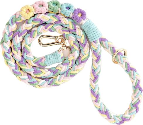 Handmade 5ft Braided Cotton Dog Leash with Unique Floral Handle, Durable and Stylish, Ideal for Small to Large Dogs, Rainbow Color in Kuwait