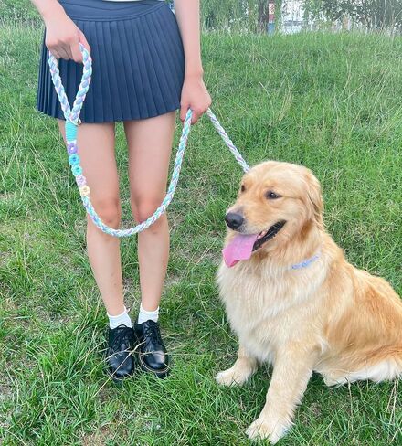 Handmade 5ft Braided Cotton Dog Leash with Unique Floral Handle, Durable and Stylish, Ideal for Small to Large Dogs, Rainbow Color in Kuwait