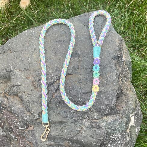 Handmade 5ft Braided Cotton Dog Leash with Unique Floral Handle, Durable and Stylish, Ideal for Small to Large Dogs, Rainbow Color in Kuwait