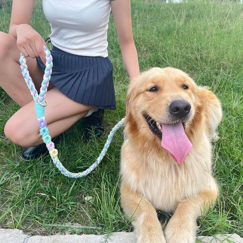 Handmade 5ft Braided Cotton Dog Leash with Unique Floral Handle, Durable and Stylish, Ideal for Small to Large Dogs, Rainbow Color in Kuwait