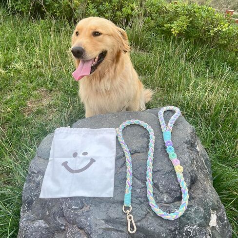 Handmade 5ft Braided Cotton Dog Leash with Unique Floral Handle, Durable and Stylish, Ideal for Small to Large Dogs, Rainbow Color in Kuwait