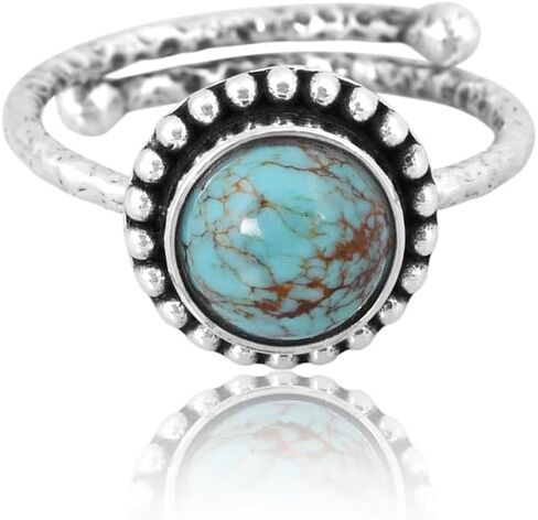 8mm Gemstone Ring for Women | Vintage Delicate Hammered Ring | 925 Sterling Silver Adjustable Ring | Oxidized Ring | Women Jewelry | Birthday Gift for Her (Kingman Turquoise, 7) in Saudi Arabia