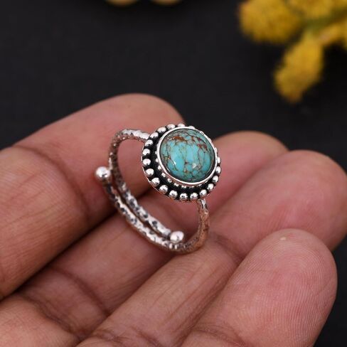 8mm Gemstone Ring for Women | Vintage Delicate Hammered Ring | 925 Sterling Silver Adjustable Ring | Oxidized Ring | Women Jewelry | Birthday Gift for Her (Kingman Turquoise, 7) in Saudi Arabia