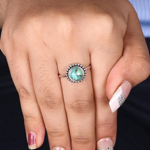 8mm Gemstone Ring for Women | Vintage Delicate Hammered Ring | 925 Sterling Silver Adjustable Ring | Oxidized Ring | Women Jewelry | Birthday Gift for Her (Kingman Turquoise, 7) in Saudi Arabia