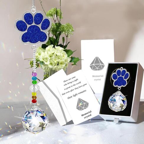 Dog Memorial Gifts for Loss of Dog, Pet Paw Print Sympathy Gifts Crystal Window Suncatcher,Dog Remembrance Gift Sun Catcher, Pet Passing Away Loss Rainbow Maker Gifts (Double sided blue) in Saudi Arabia