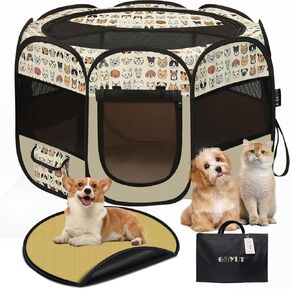 Pop-up Portable Cat Dog Playpen with Mat, Small Animals Playpen for Indoor and Outdoor Use, Waterproof Pet Cage Crate Tent with Removable Zipper Top and Carry Case.