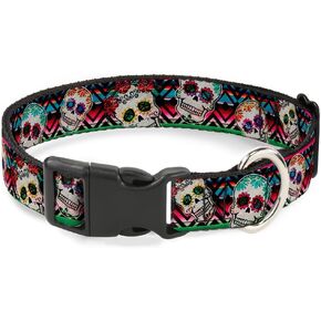 Buckle-Down Plastic Clip Collar - Sugar Skulls Zarape Multi Color - 1" Wide - Fits 15-26" Neck - Large