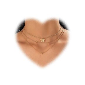 Layered Butterfly Necklace Chain Love Heart Pendant Necklace Gold Heart Necklace Boho Butterfly Choker Necklace Twisted Chain Necklace Station Bead Necklace Jewelry for Women and Girls Gifts