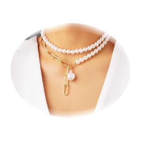 Dainty Layered Pearl Necklace for Women Trendy, 14K Gold Plated Artificial Baroque Pearl Necklace, Vintage Chunky Pearl Choker Necklace Toggle Clasp Gold Pearl Necklace Jewelry Girls