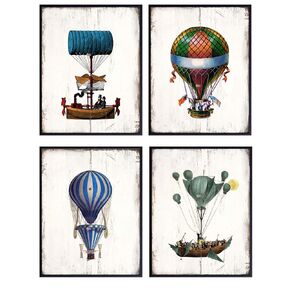 Hot Air Balloon Decorations - Dirigible Wall Art - Steampunk Decor - Goth Blimp Airship Posters for Living Room, Bedroom, Office Decoration - Cool Unique Shabby Chic Gift - 8x10 Victorian Decor Set