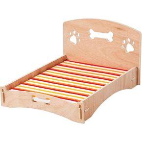 Etna Products Wooden Dog Bed Bone and Footprint Design with Removable Stripe Cushion, Small Pet Bed for Indoor/Outdoor Use 22" L x 16" W x 12" H