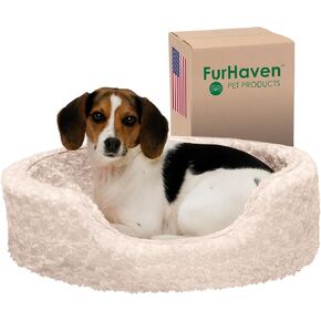 Furhaven Dog Bed for Medium/Small Dogs w/ Removable Washable Cover & Pillow Cushion Insert, For Dogs Up to 18 lbs - Ultra Plush Faux Fur Oval Lounger - Cream, Medium