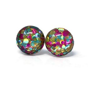 Glitter Confetti Filled Earrings on Plastic Post Studs 12mm (Aqua/Green/Silver)