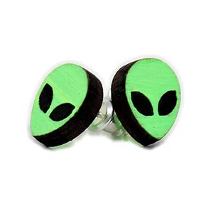 Alien Head Stud Earrings | Hand-Painted UV Reactive Wood Post Earring Jewelry