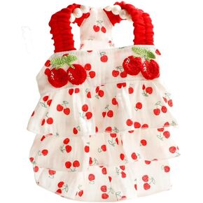 AZA Dog Princess Dresses for Small Dogs Clothes Cherry Costume Pet Suspenders Girl Cat Cute Lace Coat Floral Outfits Summer Costumes (M,Cherry)