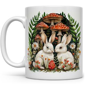Woodland Bunnies Cottagecore Cozy Hygge Coffee Mug, Cute Easter Whimsical Mushroom Nature Cup (11oz)