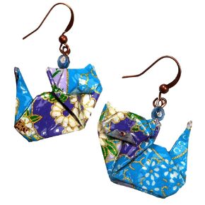 Paper Origami Kitty Cat with Czech Glass Bead Earrings, Purple Lavender Aqua, 1st Anniversary Gift