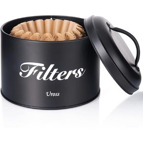 Uross Coffee Filter Holder Storage with Lid- Rustic Coffee Filter Container Basket Round Coffee Filters Storage Canister Coffee Filter Organizer Case Dispenser Coffee Bar Accessories Decor (Black)