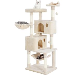 Yaheetech 64.5in Extra Large Multi-Level Cat Tree Kittens Play House Condo with Platform, Perch Hammock & Scratching Posts, Light Gray