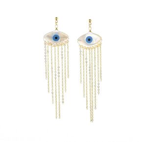Evil Eye Earrings for Women- 2-3mm Baroque Pearl Decorated Evil Eye Shape Shell with Gold Tassel Stud Drop Earrings