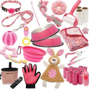 39 Pcs Puppy Starter Kit - New Puppy Welcome Home Kit Small Dog Essentials for New Owners Includes Dog Toys, Dog Collar Leash Set, Poop Waste Bag with Dispenser, Bowls, Blankets...